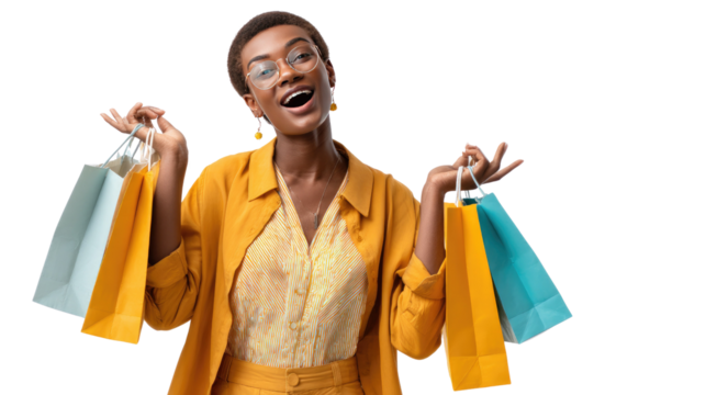 Shopaholic's Joy: An excited woman glows with delight, her arms laden with colorful shopping bags, embodying the exhilaration of a successful shopping spree. 