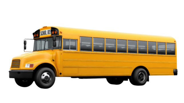 School Bus Ready for Action: A classic yellow school bus stands ready, symbolizing education and transport for students, captured in a realistic style.