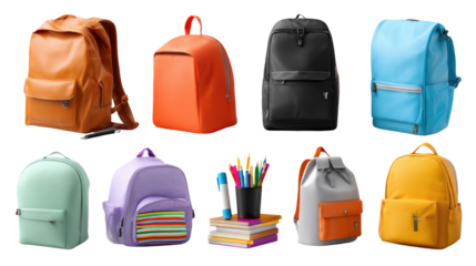 A Collection of Colorful Backpacks: A vibrant assortment of backpacks in various colors, shapes, and sizes, arranged creatively, ideal for school, travel, or everyday use.