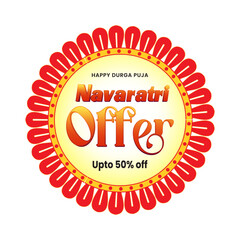 Durga Puja festival sale sticker featuring vibrant colors, festive typography, and ornamental design elements. Ideal for seasonal marketing, retail packaging, social media promotions, and print.
