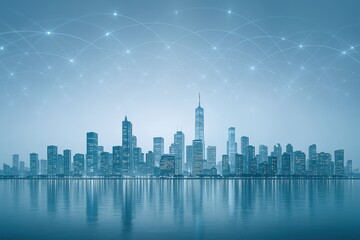 Obraz premium Modern Cityscape Skyline Reflecting on Water with Abstract Network Overlay, Representing Connectivity and Innovation