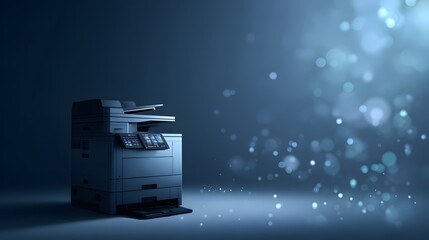 Modern office multifunction printer copier on blue background with bokeh lights, symbolizing business technology, document management, and productivity.