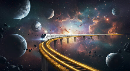 Cosmic Highway: Futuristic Space Road Leading Through Nebula and Planets