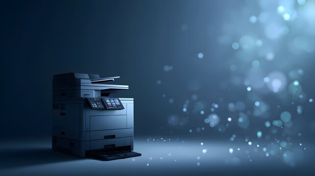 Modern office multifunction printer copier on blue background with bokeh lights, symbolizing business technology, document management, and productivity.