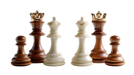 Chess Masterminds: A close-up shot unveils an array of meticulously crafted chess pieces, standing at the ready for a strategic battle. Each piece, exuding sophistication and purpose.