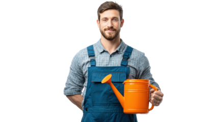 Man in blue overalls holding an orange watering can, posing with a smile, isolated on white background.
