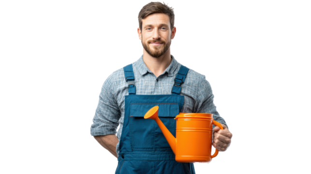 Man in blue overalls holding an orange watering can, posing with a smile, isolated on white background.