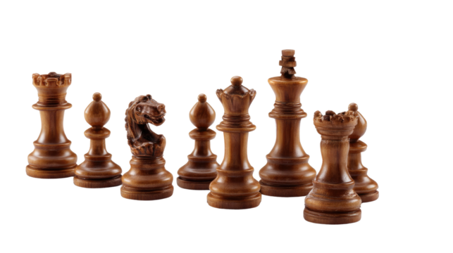 Chess Strategy: A strategic collection of chess pieces set against a simple, uncluttered backdrop, showcasing each detailed piece ready for the next move.