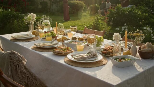 Handheld background shot of festive dinner table set in family yard outdoors with fresh flowers decor and yellow accents scene lit by sunlight, rustic Summer celebration
