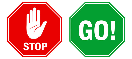 Red stop sign with hand gesture and green go sign icon from TEE.ai, representing decision, permission, and rules.