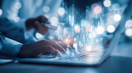 Human Hands Typing on Laptop with Digital Data Projection Display for Business and Innovation