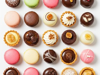 An overhead view of an assortment of colorful macarons, chocolate bonbons, and mini fruit and cream tarts arranged neatly on a white background.
