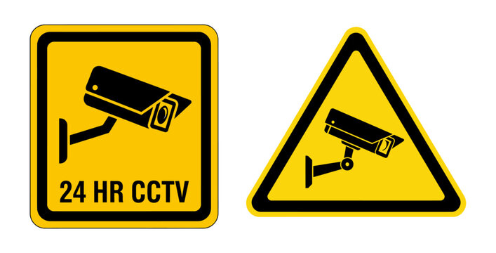 Vector illustration of a yellow CCTV warning sign set, showing a security camera for 24-hour video surveillance.