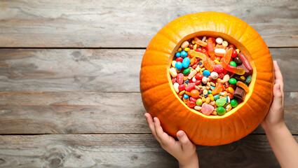 Halloween pumpkin filled with colorful candies on wooden background, top view