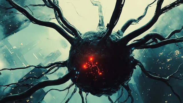 Gigantic alien creature hovering over futuristic city with tentacles extended