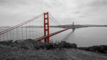 black and white photo of the golden gate marked in red