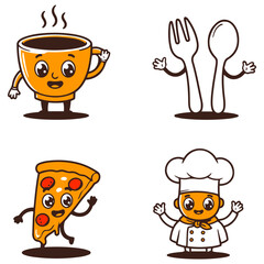 Friendly kitchen characters ready for fun, featuring a happy coffee cup, pizza slice, chef, and utensils.