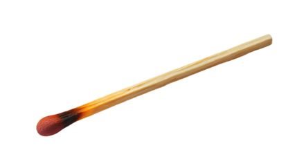 Single burnt matchstick against a white isolated background