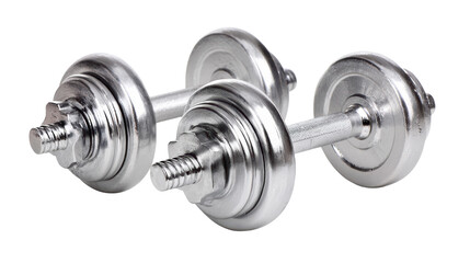 Silver dumbbells on a white isolated background, ideal for fitness and strength training themes.
