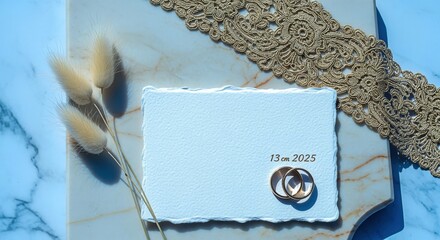 Elegant Wedding Invitation Mockup with Rings, Lace, and Floral Accents on Marble Background, Perfect for Customization