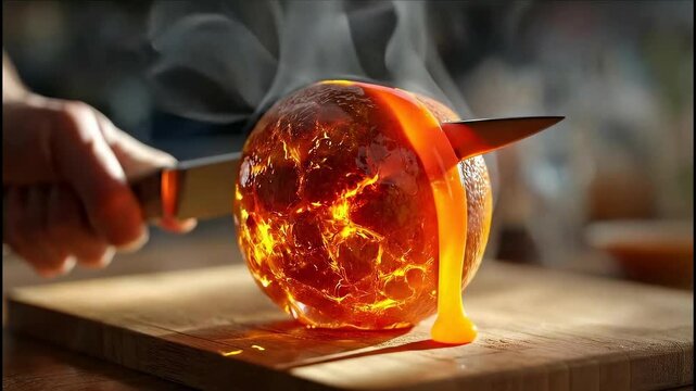 Chef cutting a vibrant, glowing orange with a knife on a wooden board, creating an enchanting interplay of light and heat that captivates the senses with its warmth and energy