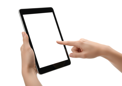 Hand holding and pointing at a blank screen tablet for mockup. Isolated on transparent background, png - Powered by Adobe
