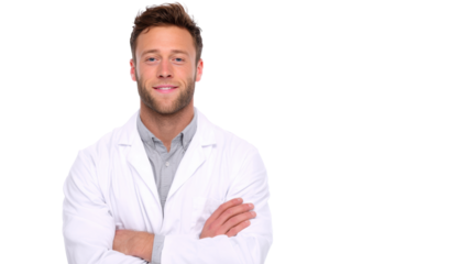 Smiling male doctor in white coat, arms crossed, isolated on a white background.