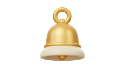 A 3D golden notification bell icon for web and app interfaces. A shiny rendered symbol for alerts and reminders, isolated on white.