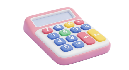 A cute pink electronic calculator with colorful buttons isolated on a white background, for business, school, or personal finance.