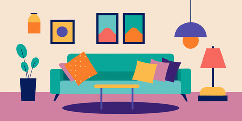 eclectic apartment lounge with colorful cushions