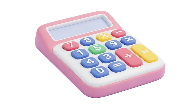 A cute pink electronic calculator with colorful buttons isolated on a white background, for business, school, or personal finance.