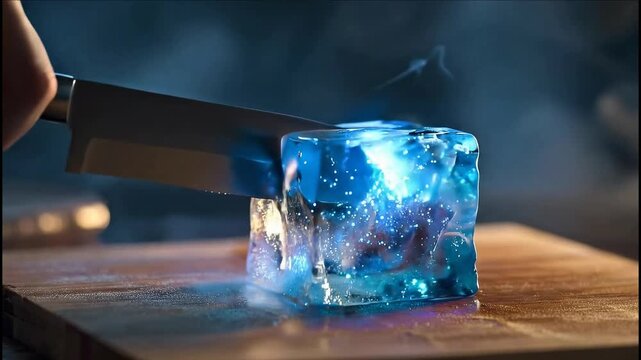 Chef uses a knife to cut a glowing blue ice cube emitting smoke on a wooden cutting board in a dark setting, creating a dramatic and otherworldly culinary scene