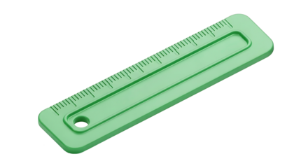 A green plastic measuring ruler, an essential stationery tool for school or office work, is depicted isolated on a white background.