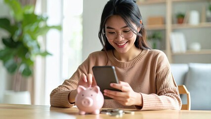 Young woman using smartphone while sitting at table with piggy bank, smiling and enjoying financial planning process - Powered by Adobe