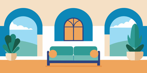 Mediterranean Terrace Style Living Room with Arched Entry