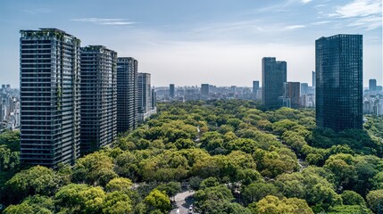Modern Cityscape Juxtaposing High-Rise Buildings and Lush Greenery Under a Clear Blue Sky, Demonstrating Urban Harmony