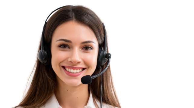 Smiling woman with headset providing customer support against a white isolate background.