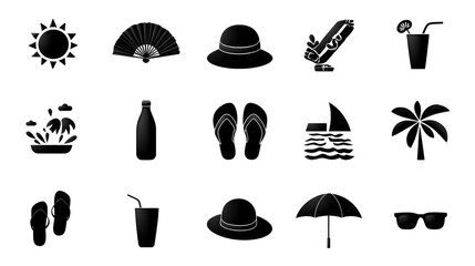 Sun, Beach, and Relaxation Icons: A delightful assortment of silhouette icons, meticulously crafted to capture the essence of a perfect summer escape.