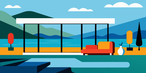 modern lakeside villa living room panoramic windows