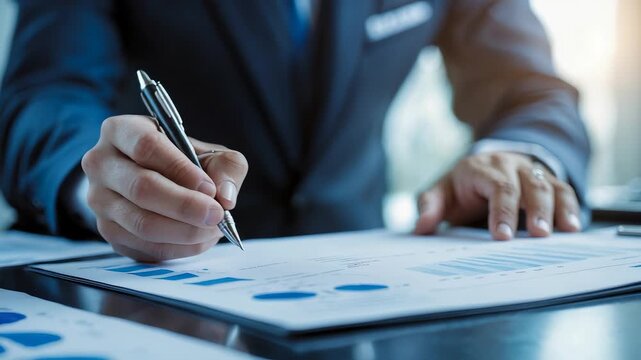Businessman Signing Contract Documents Charts Graphs Desk Suit Office Work