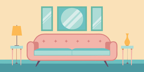 retro glam living room mirrored wall pastel decor