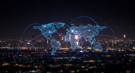 Futuristic global network concept. A glowing digital world map with connection lines hovers over a modern city skyline at night.