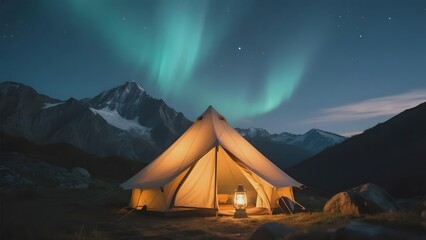 A cozy tent glows warmly under the vibrant aurora borealis in a mountainous landscape at night.