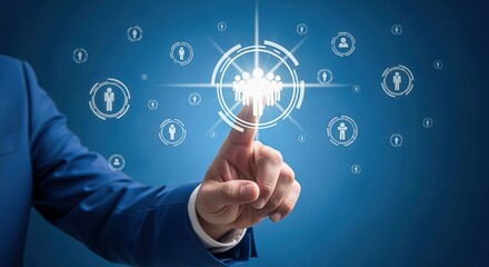 Human Resources Concept: Man Touching Virtual Team Icon on Blue Background, Modern Technology