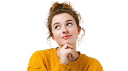 Thoughtful young woman in a yellow sweater with a pensive expression against a white isolated background.