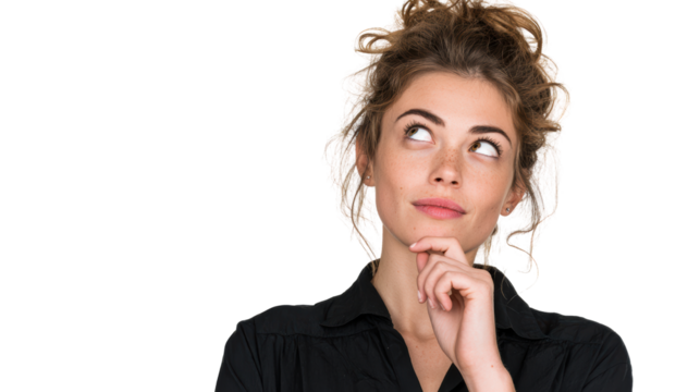 Thoughtful young woman considering options, isolated on white background.