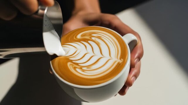 Barista Creating Latte Art in a Coffee Cup.