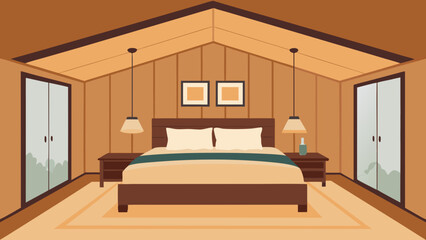warm neutral bedroom with wooden ceiling panels