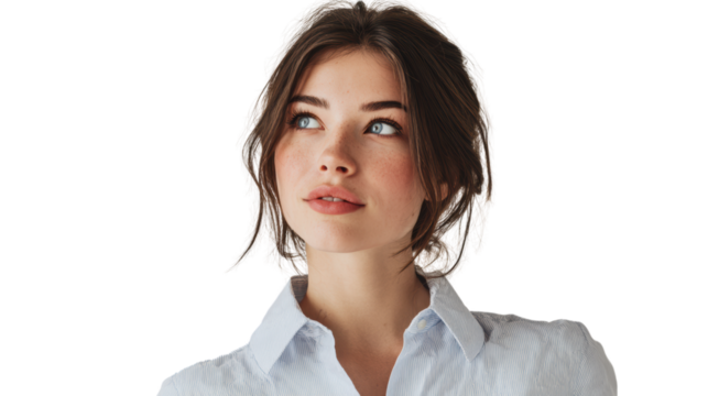 Thoughtful young woman looking up, isolated on a white background.