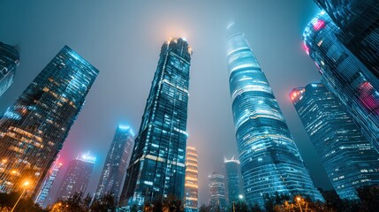 Obraz premium Shanghai Skyscrapers Illuminated at Night: Modern Architecture, Urban Landscape, Futuristic Cityscape under a Cloudy Sky